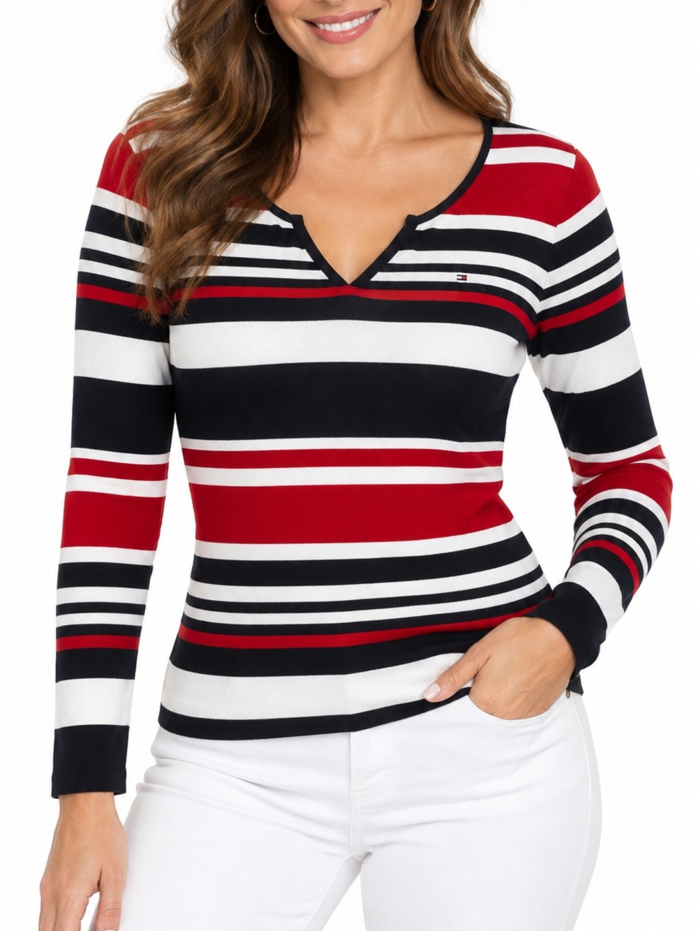 Tommy Hilfiger Red Navy Blue White Striped V-Notch Long Sleeve Top